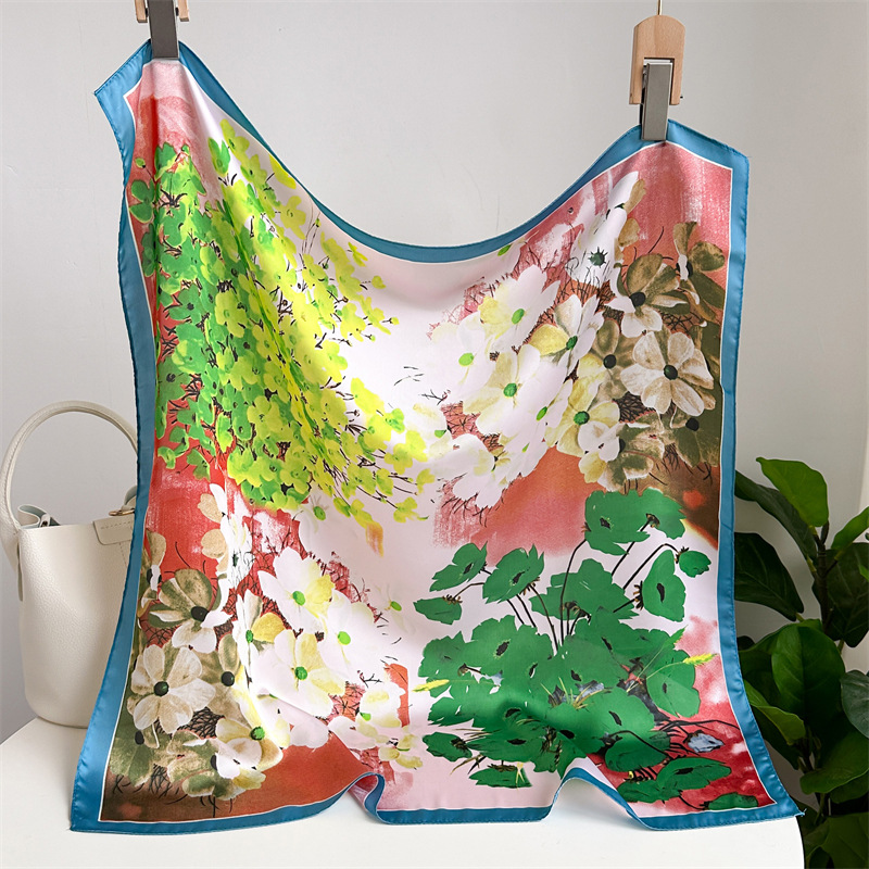 National trend peony flower small silk scarf, spring and summer satin versatile scarf, thin sun-protective headscarf, 70cm faux silk square scarf pic 15