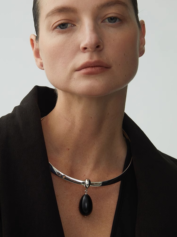 欧美小众复古黑玛瑙水滴项链耳环戒指女大号夸张黑色椭圆形耳钉详情2