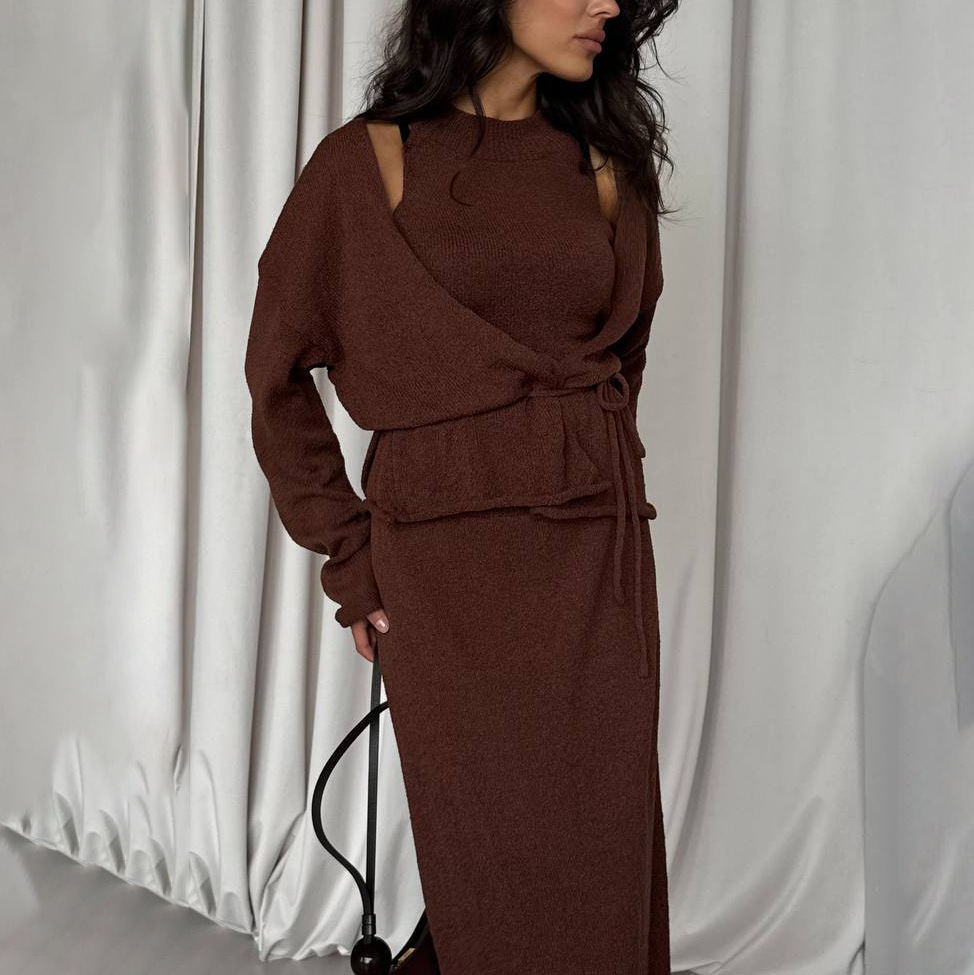 French-style laid-back lace-knit three-piece set, sleeveless slimming vest style, long-sleeved cardigan, hip-hugging, floor-length skirt pic 11