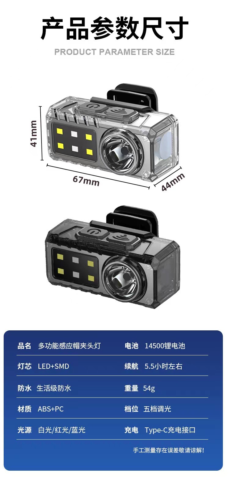 跨境多功能吸磁头戴式充电头灯智能感应夹帽灯红蓝警示便携夜钓灯详情10