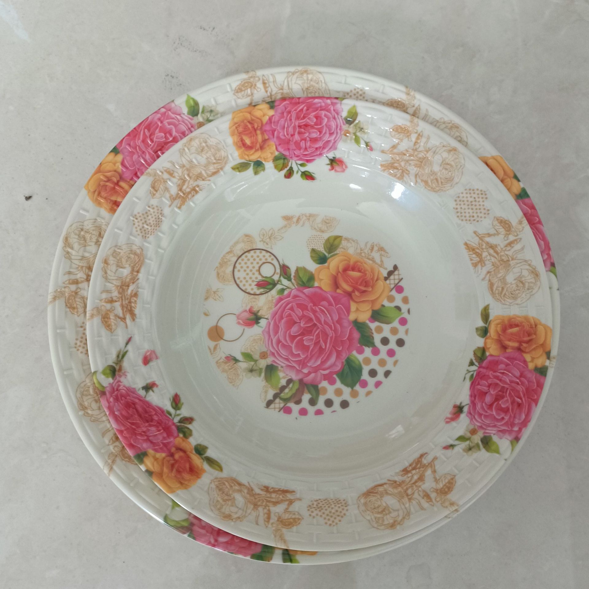 新款9寸10寸竹编盘印花美耐皿塑料圆盘外贸出口密胺餐具详情3