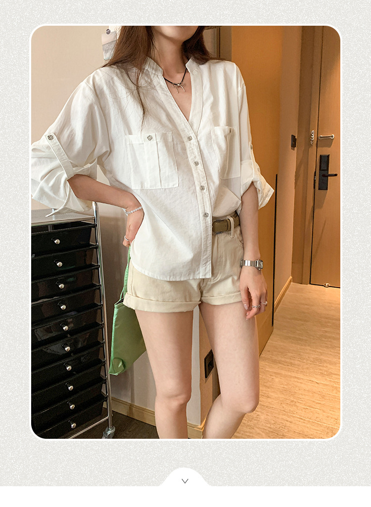 现货热销韩系半排扣正肩V领宽松长袖衬衫女通勤新款独特设计感上详情3