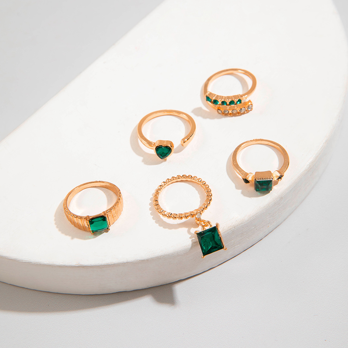 欧美流行饰品戒指手饰 蛇形爱心仿绿宝石镶钻ins风五件套戒指女详情68