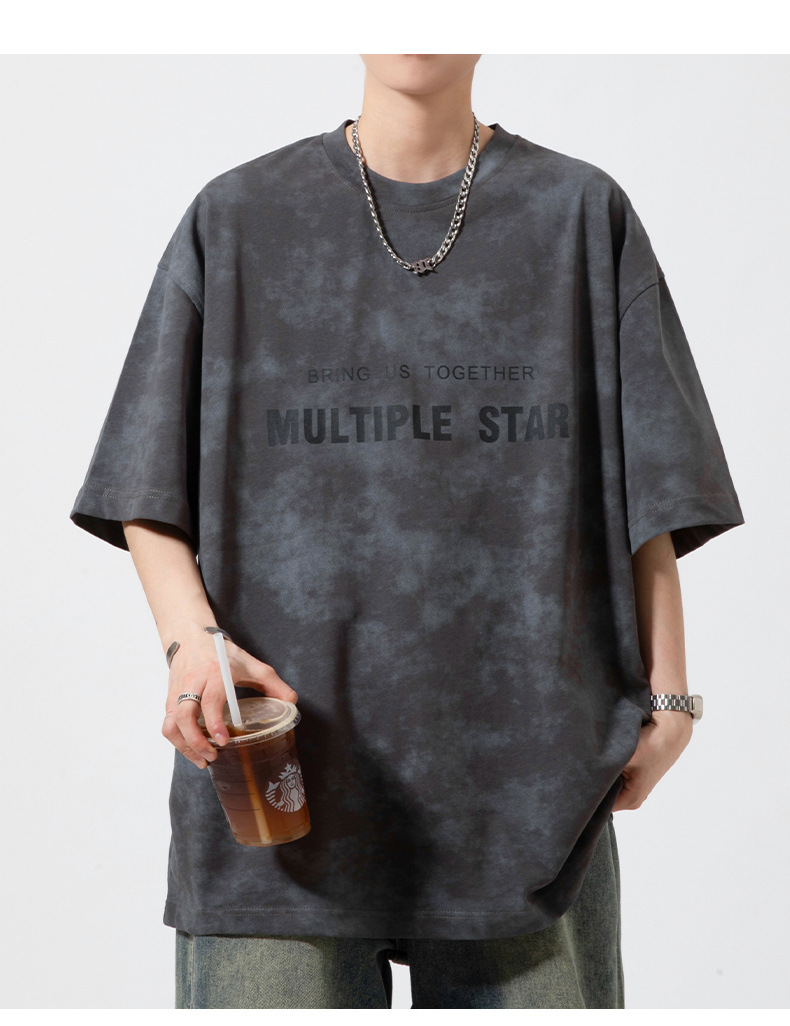 Short-sleeved T-shirt for men, a summer American retro washed distressed design, a niche top with a thin tie-dyed base layer pic 19