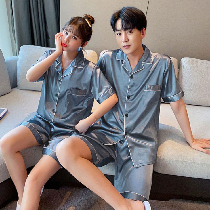 A wholesale set of short-sleeved couple pajamas for spring and autumn, featuring solid ice silk color faux silk for both men and women, can be worn as outerwear for home wear pic 21