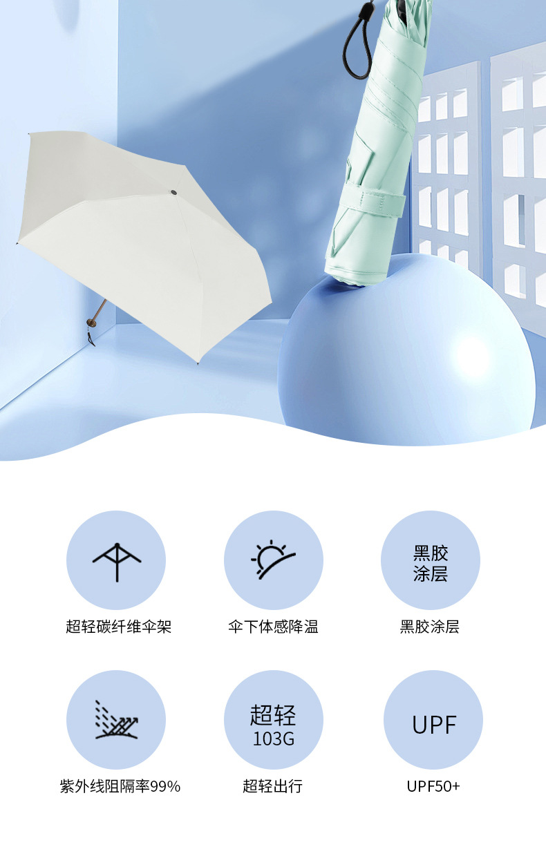 三折六骨超轻碳纤维黑胶面料防晒伞防紫外线晴雨两用口袋雨伞现货详情11