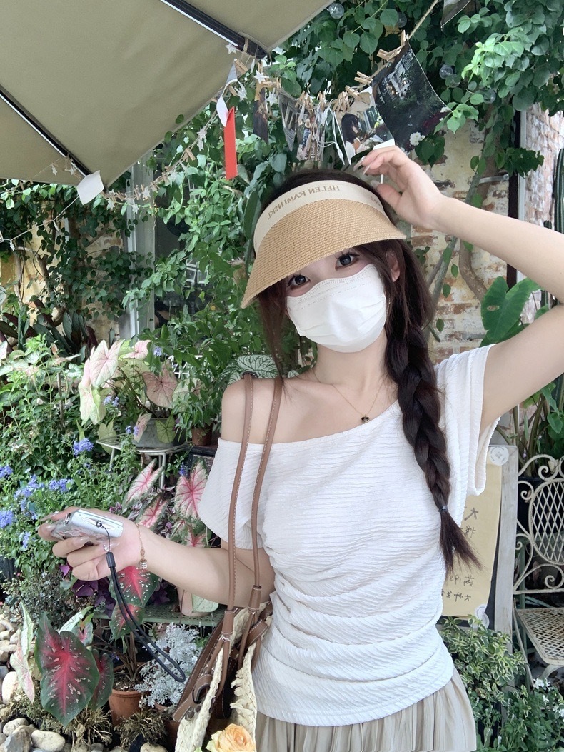 斜肩肌理感韩版短袖T恤女夏季修身显瘦内搭打底衫白色气质上衣服详情10