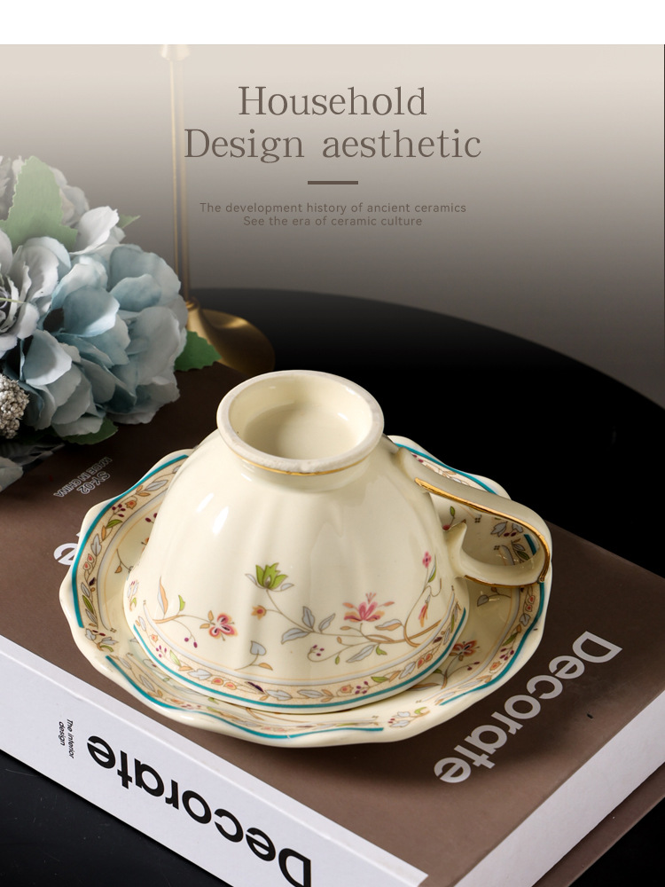 European-style gold-edge flower coffee cups and saucers, retro country-style flower vine ceramic cups and saucers, light luxury lace afternoon tea cups and saucers pic 7