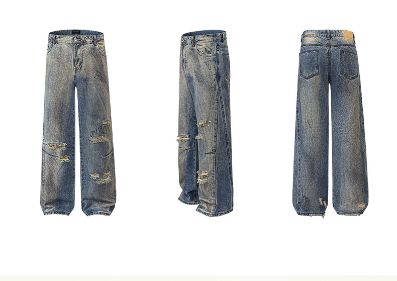 American retro high street washed distressed distressed distressed jeans for men and women, vintage loose straight-leg casual trousers pic 2