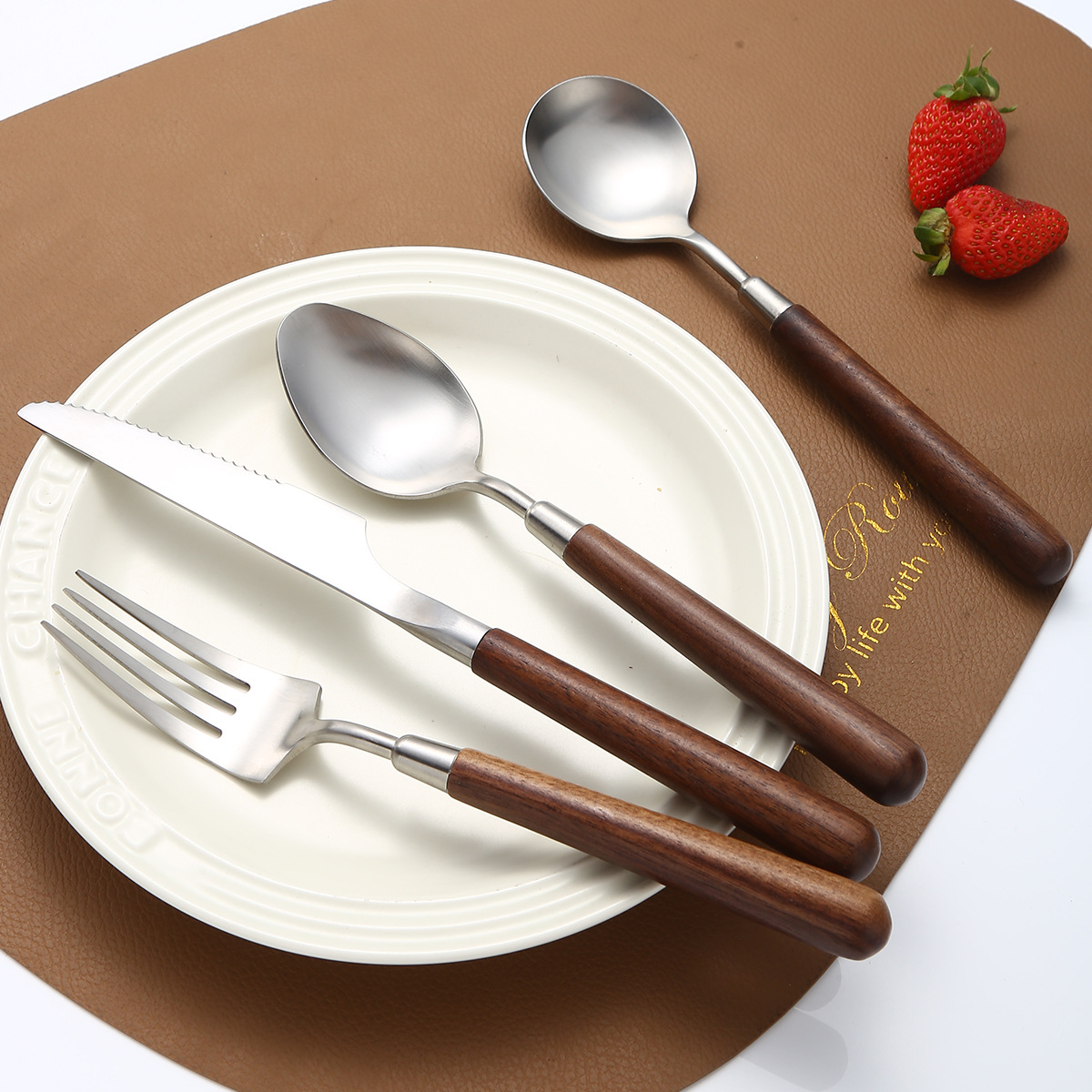 304 stainless steel knife, fork and spoon, light luxury retro walnut wood handle, Western cuisine brushed, restaurant household thickened soup spoon pic 9