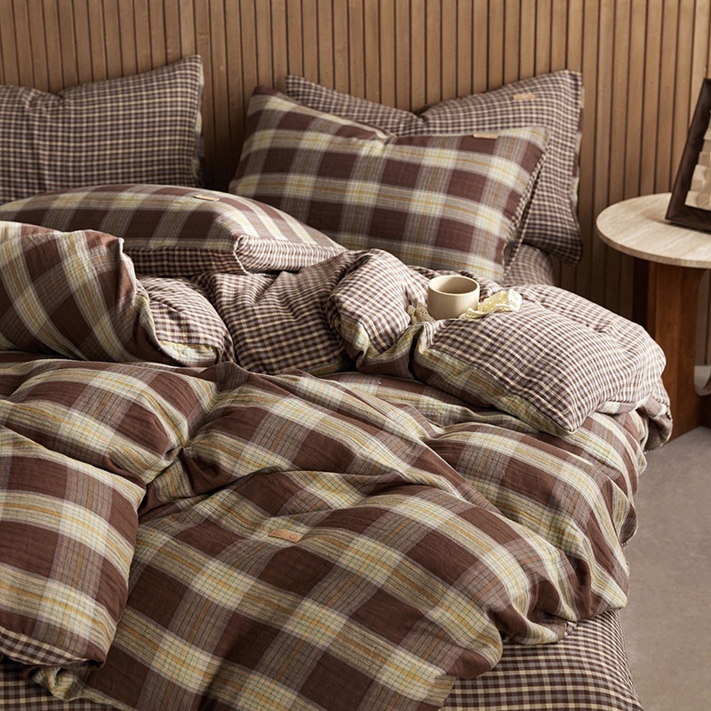 All-cotton Class A double-layer yarn four-piece set, double-layer yarn quilt cover and bed sheet four-piece set, pure cotton double-layer yarn checkered four-piece set pic 22