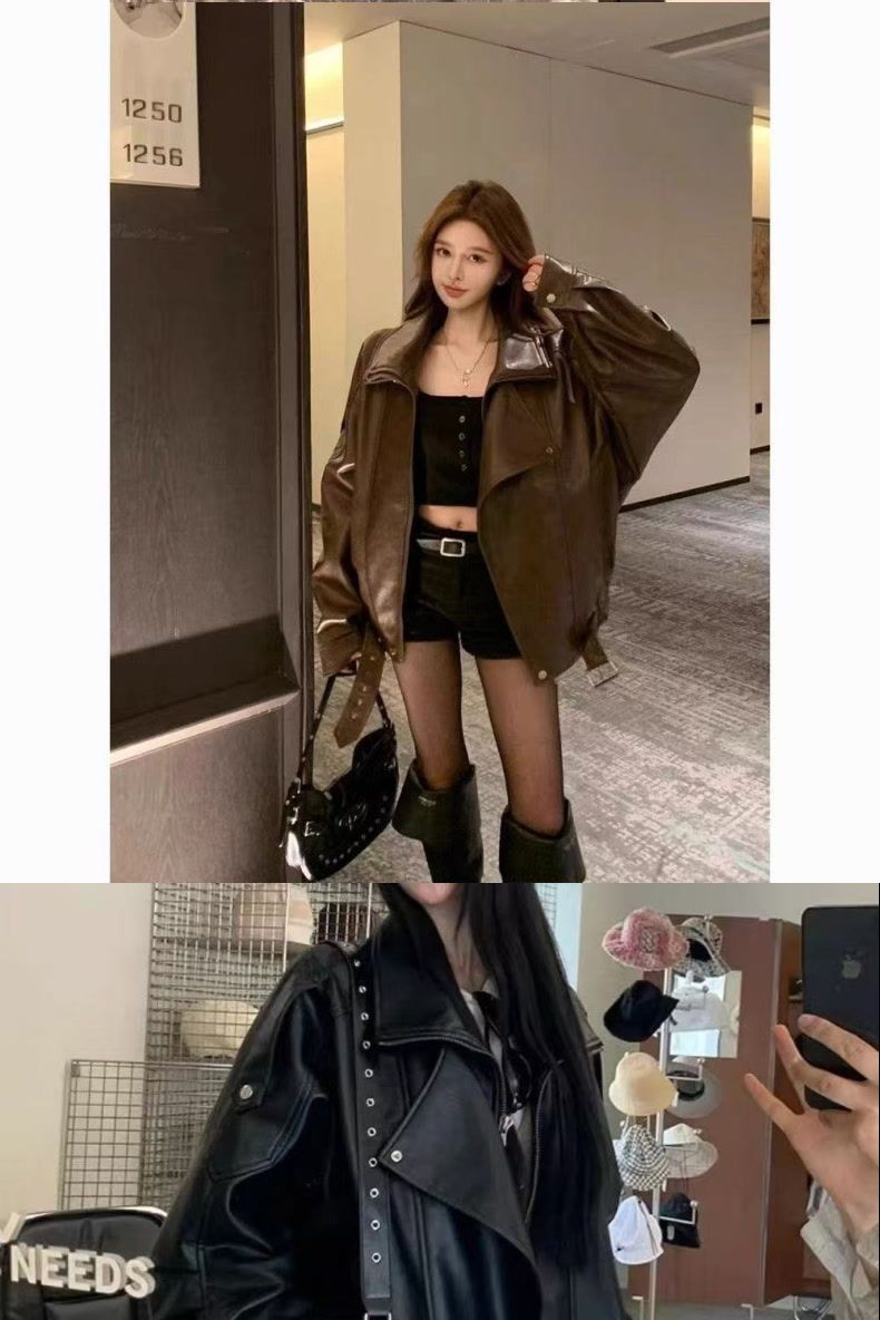 美式复古又酷又飒PU皮夹克外套女秋冬新款辣妹帅气宽松机车服上衣详情4