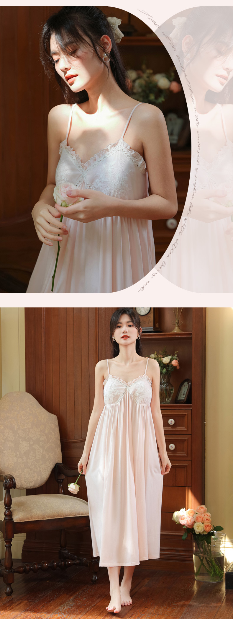 吊带睡裙女夏宫廷风性感蕾丝纯欲长款睡衣裙带胸垫可外穿家居服棉详情30