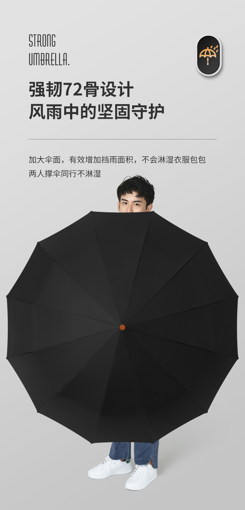 72骨全自动雨伞男大号三人折叠黑色商务高档木柄遮阳伞定制广告伞详情14