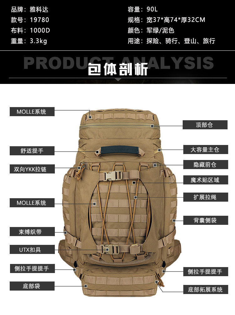 В открытом походе 90L тактический рюкзак с большой нагрузкой на спину, MOLLE, многофункциональный, с двумя плечами на открытом воздухе pic 2