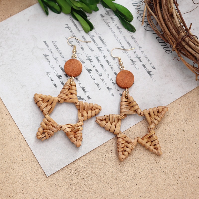 新夏季波西米亚复古度假草藤编织耳环女气质长款海岛沙滩木质耳饰详情18