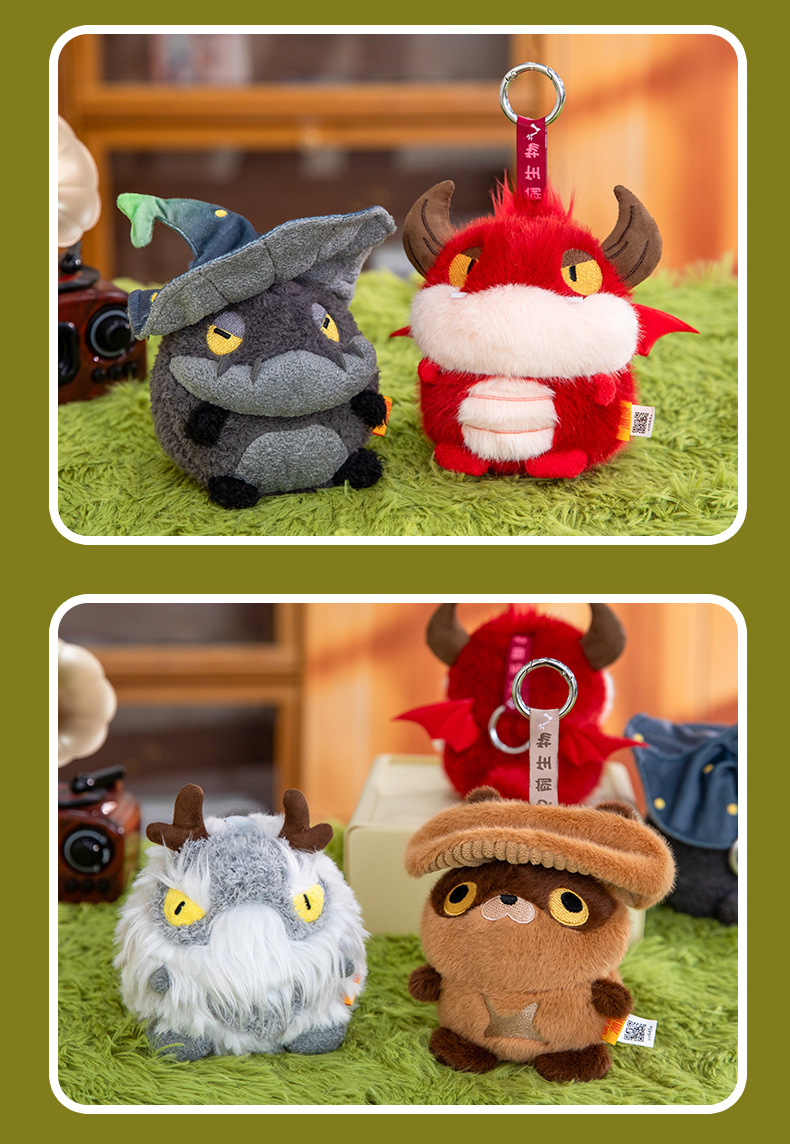 A grey totoro wearing a wizard hat and a red horned dragon plush toy AI star Man AI toy pic 21