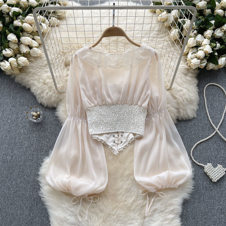 French court-style lantern long-sleeved shirt for women, fashionable high-end chiffon shirt, sweet lace patchwork mesh top, trendy pic 4