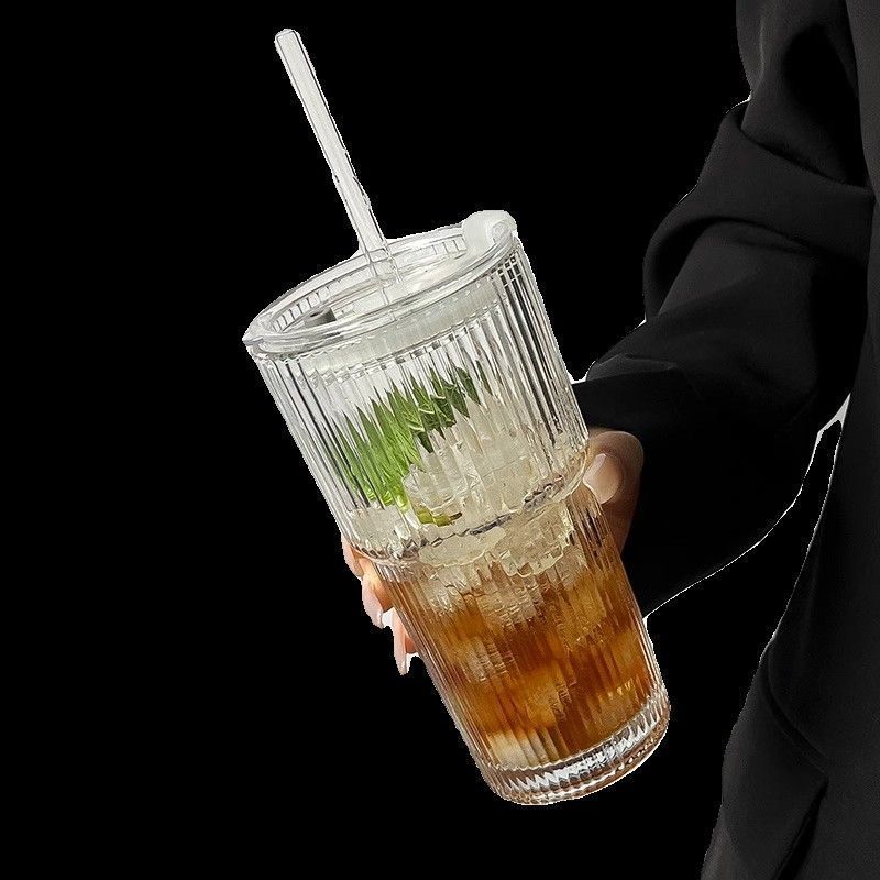 Free shipping, Ins-style glass cup, high appearance level, straw cup, large-capacity vertical pattern water cup, cold drink, juice and coffee cup with lid pic 6