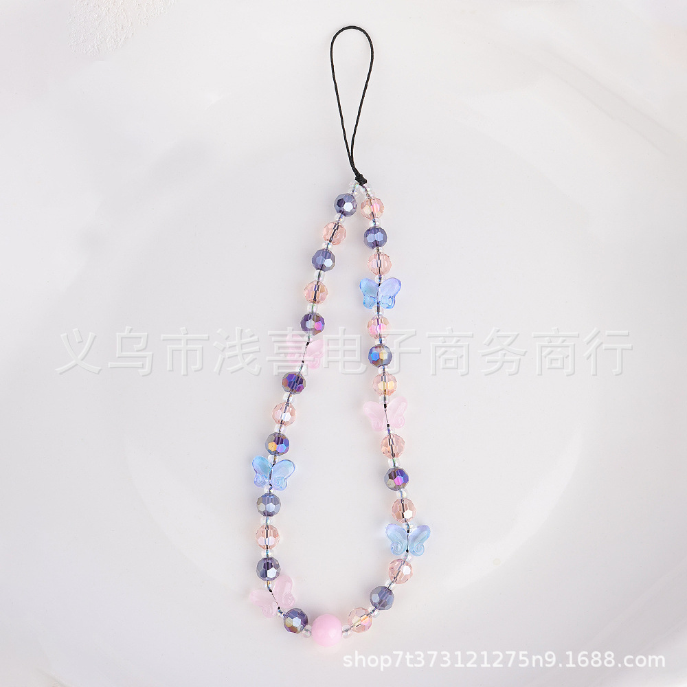 Hepburn style butterfly crystal mobile phone chain short lanyard, ins colorful round bead lanyard, ccd camera wrist pendant decoration pic 6