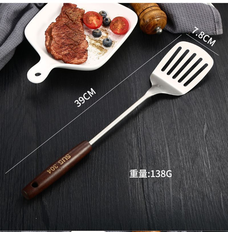 304 stainless steel spatula for household kitchen, thickened iron frying spatula, strainer, wooden handle, anti-scald kitchenware set pic 6