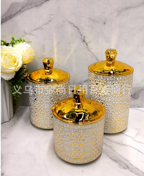 The new pearl candy storage jar features a diamond design, a gilded ring, a heart flower design, a round sealed jar without feet, and a color box pic 2