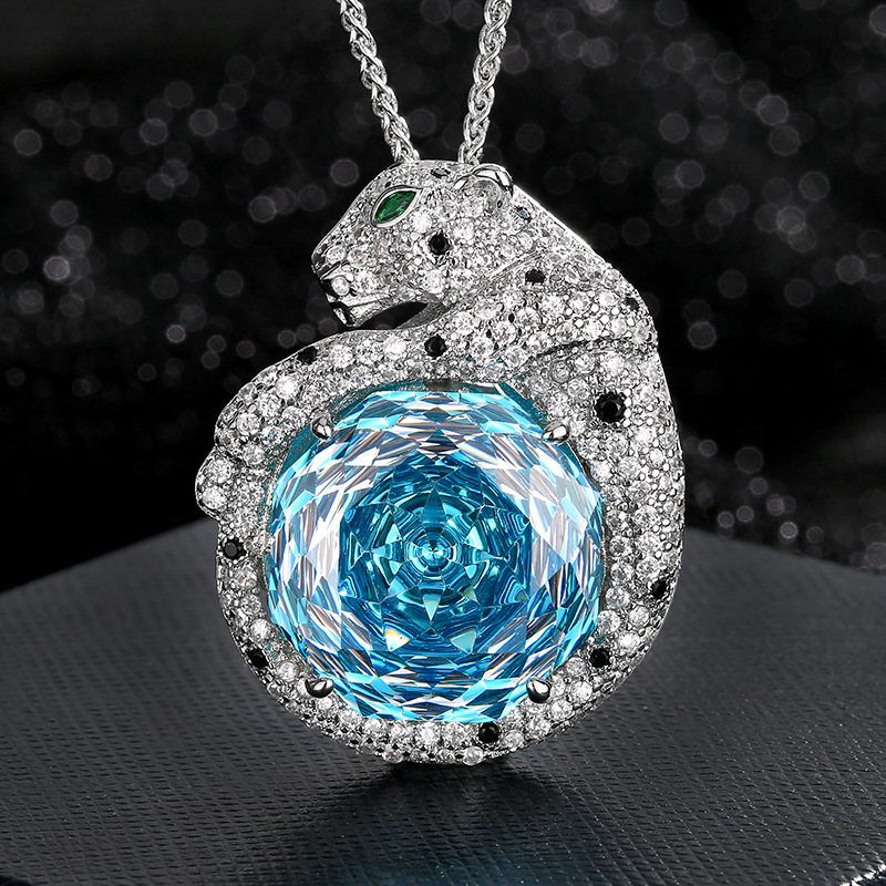 新款热卖庄生生珠宝仿真玫瑰切海蓝色复古豹子吊坠项链主石18mm详情5