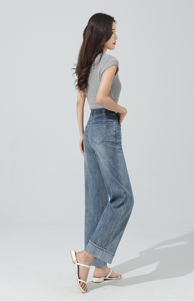 If 2026 Spring high-waisted denim straight egg roll pants for women with upturned fringed nine-inch narrow wide-leg pants 20153 pic 17