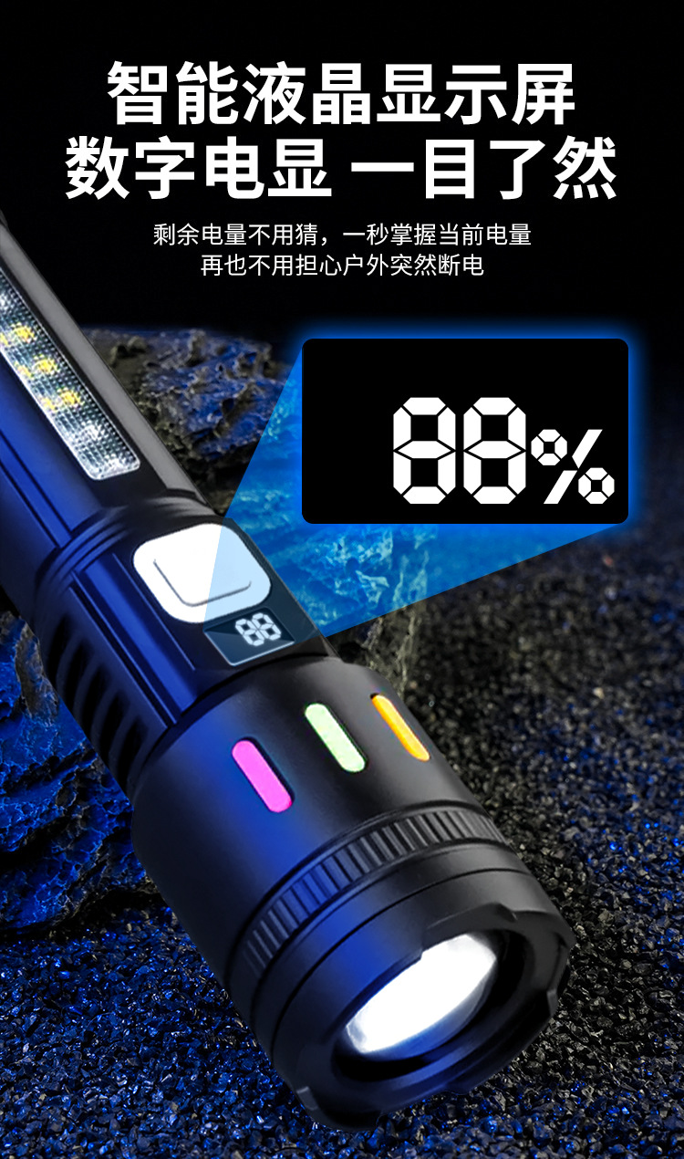 跨境爆款白激光手电筒多功能数显变焦手电筒户外远近双光源手电筒详情9