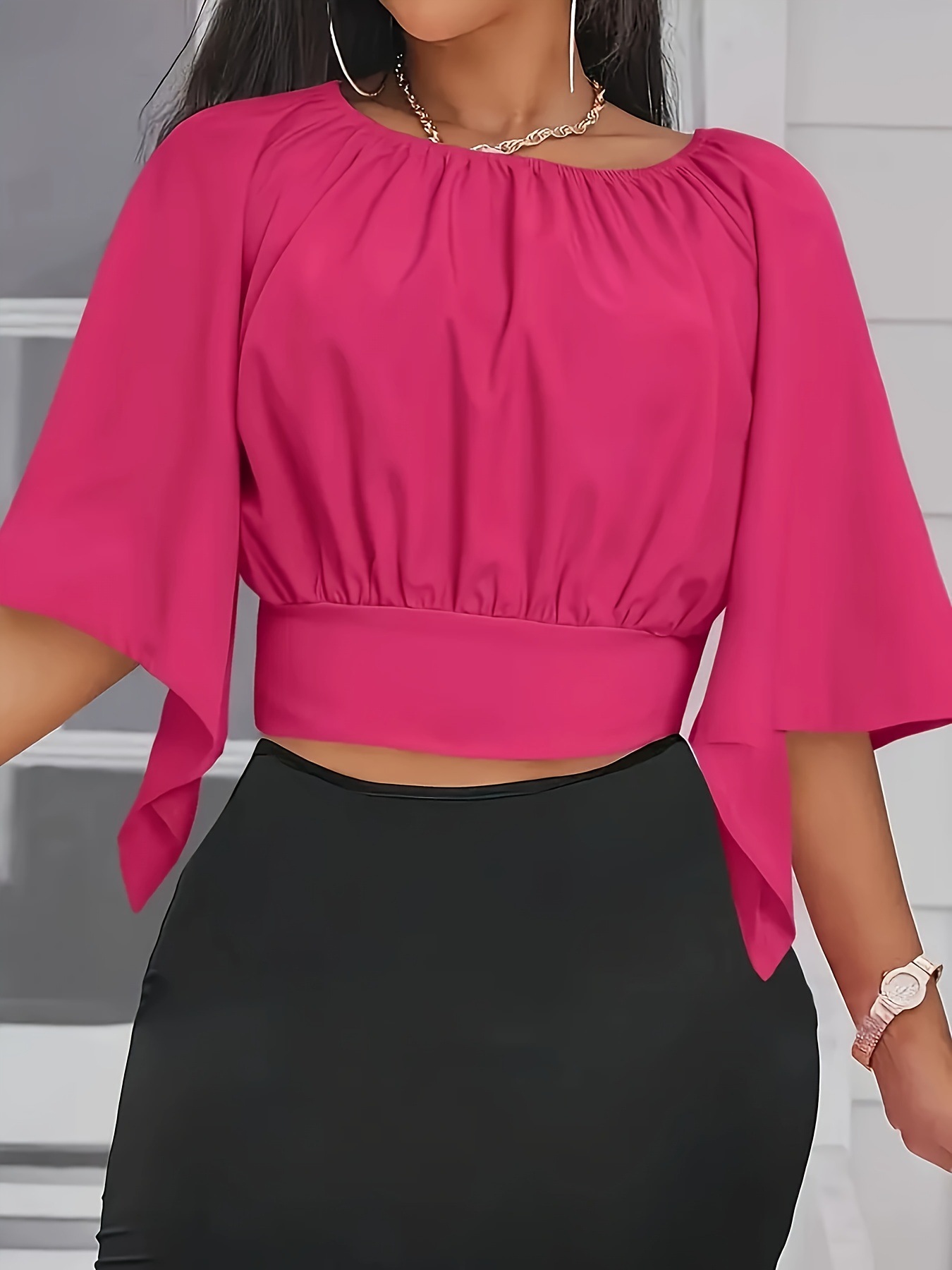 Tie Back Ruched Blouse Elegant Solid Color Blouse For跨境 pic 3