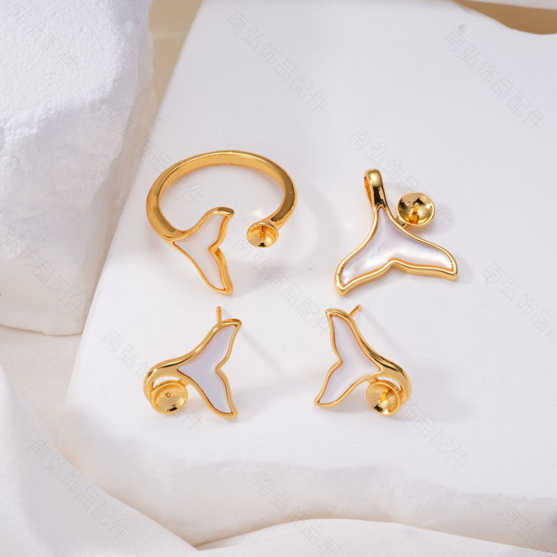 Pearl ring, earneedle pendant, micro-inlaid three-piece set, hollow setting, beauty fish tail, oil-dripping, crushed shell, retro DIY, light luxury pic 5
