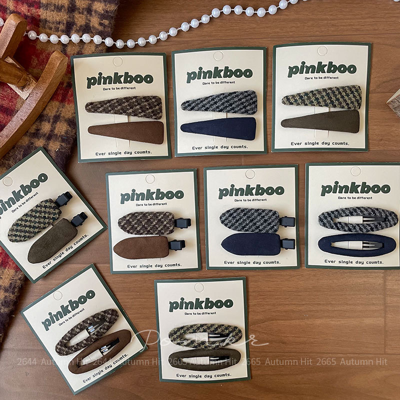 韩系简约毛呢发夹复古格纹侧边夹 日常通勤氛围感发夹秋冬气质pinkboo 复古格纹呢料发夹：棕蓝调简约款 通勤百搭秋冬质详情3