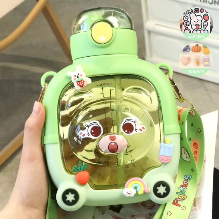 Popular cartoon bear plastic straw cup, large-capacity water bucket, portable shoulder strap, double-drinking magic bear children's cup pic 5