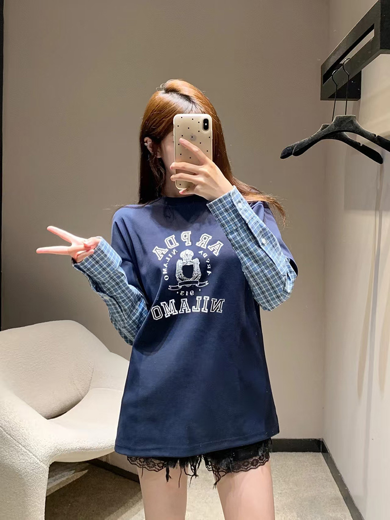 2025夏季新款设计感格纹拼接假两件长袖T恤女时尚休闲减龄上衣女详情6