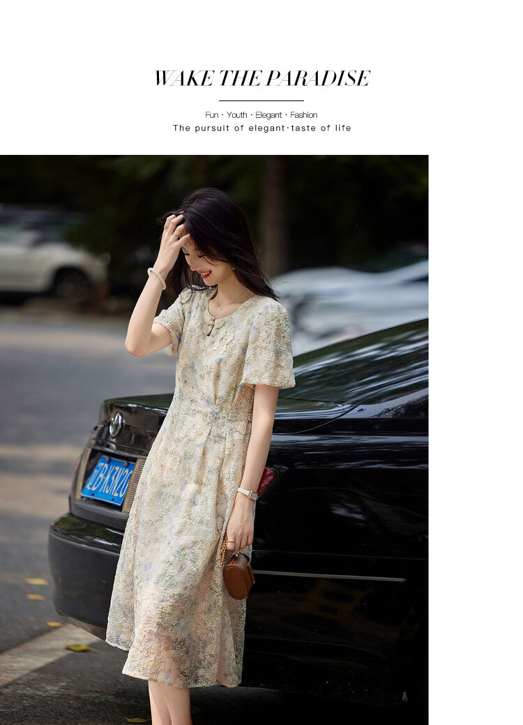 Summer round-neck, waist-cinching, slimming, gentle and elegant dress, French floral short-sleeved dress for women pic 12