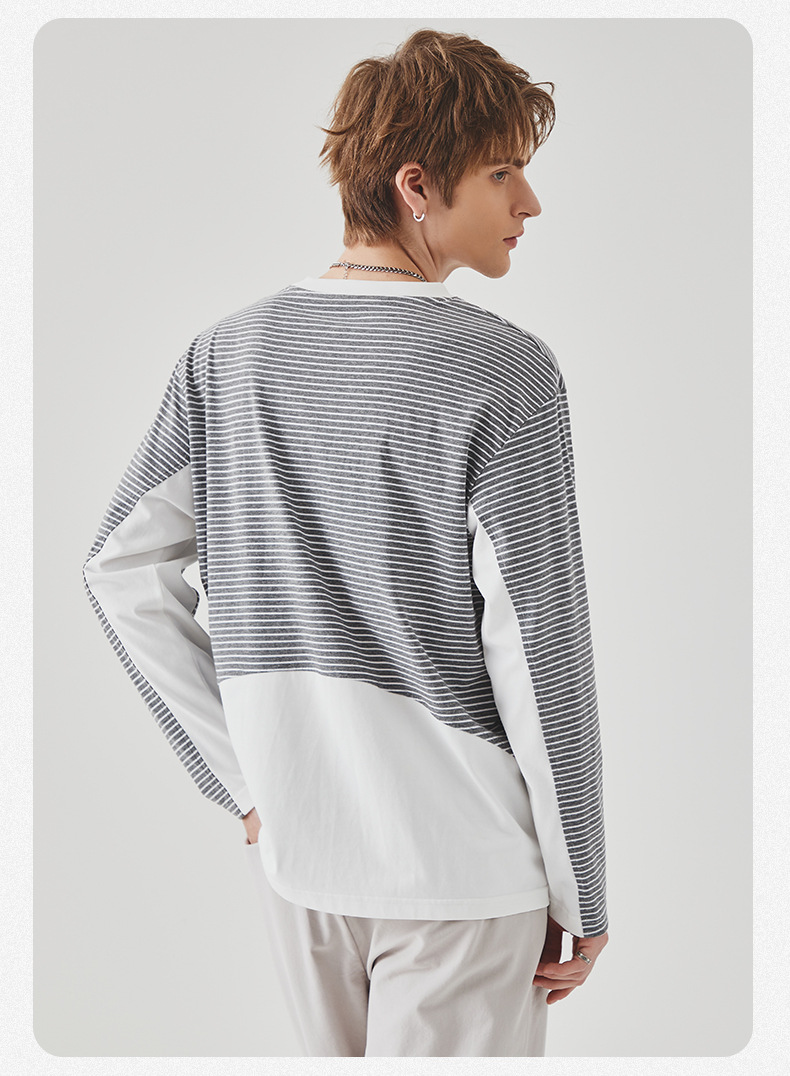 APO男装|撞色条纹长袖T恤男士春秋季潮牌宽松圆领内搭上衣打底衫详情12