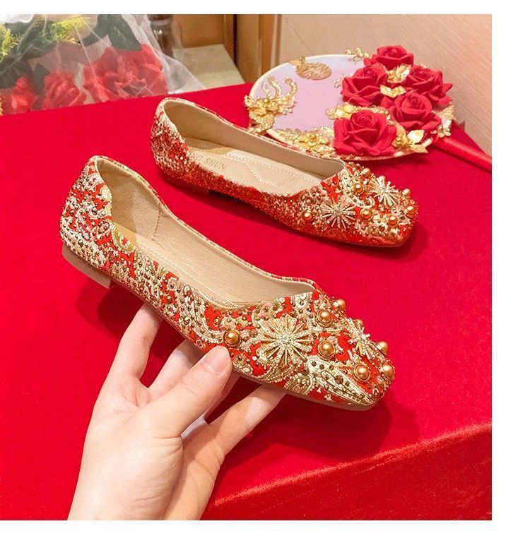 国潮国潮国潮中国风方头浅口红色婚鞋女低跟平底水钻软底防滑孕妇秀禾服新娘鞋国潮国潮详情13