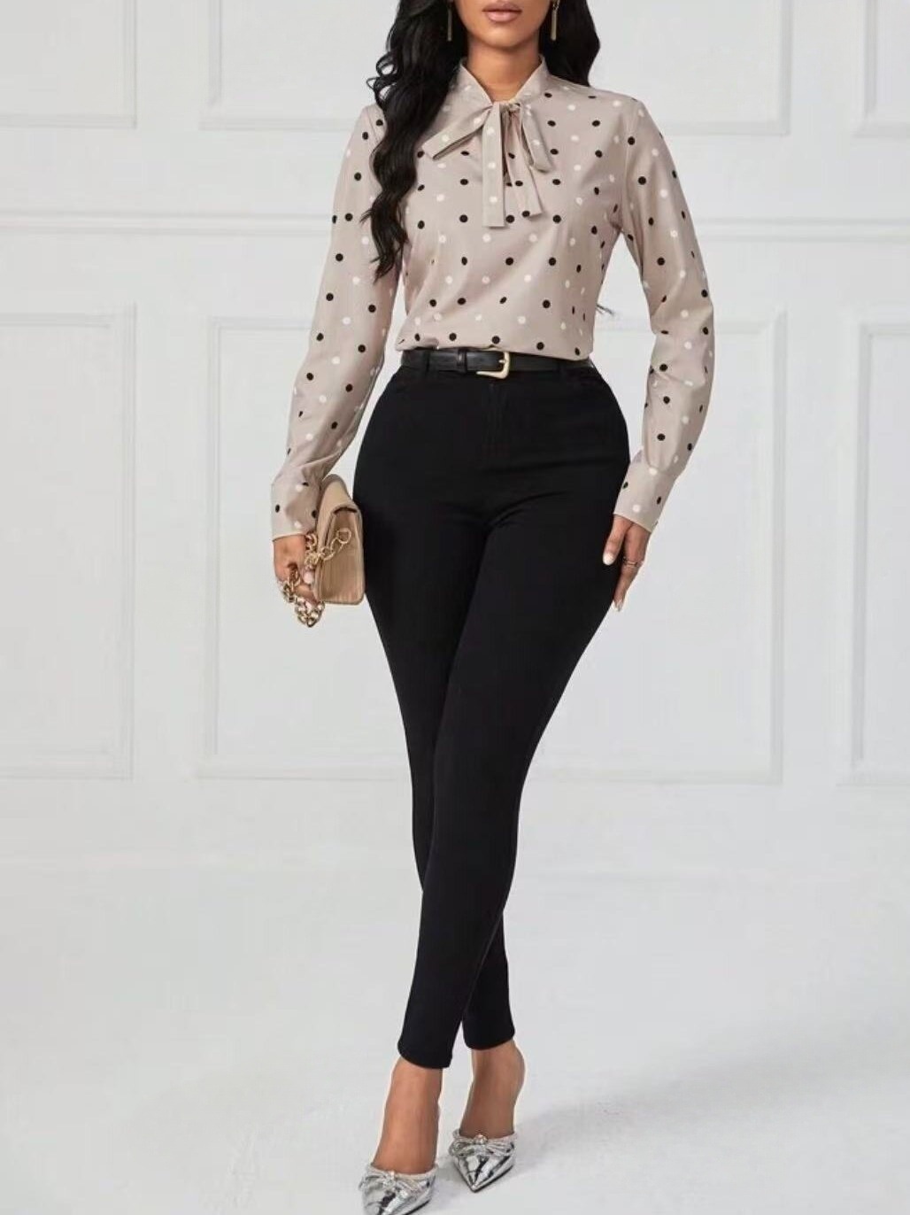 The 2025 autumn new AliExpress, eBay and Amazon V-neck, polka dot tie, stylish and elegant loose top from Europe and America pic 4