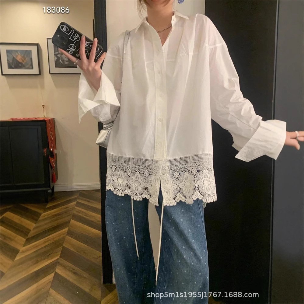 This is a new loose and fashionable shirt and top for women in the spring and autumn of 2025, featuring a Korean-style lace cutout and hook pattern design pic 7
