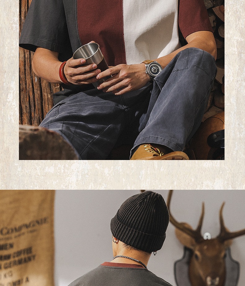 拼接撞色设计短袖男夏季2025新款美式复古重磅T恤男纯棉宽松上衣详情16