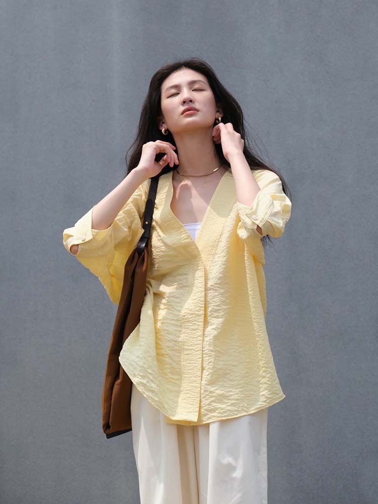 TH ~ ROW 2025 Spring/Summer washable crumpled dry silk coleless batsleeved brand silk shirt for women pic 6