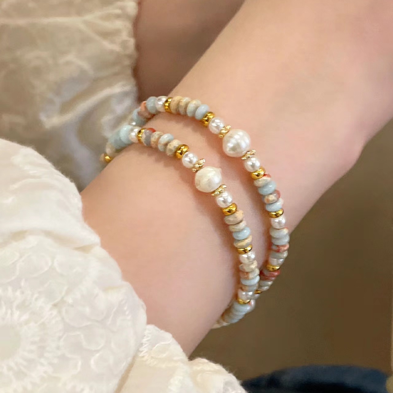 双层寿山石彩色串珠淡水珍珠手链甜美小众复古轻奢叠戴磁铁扣手链详情6