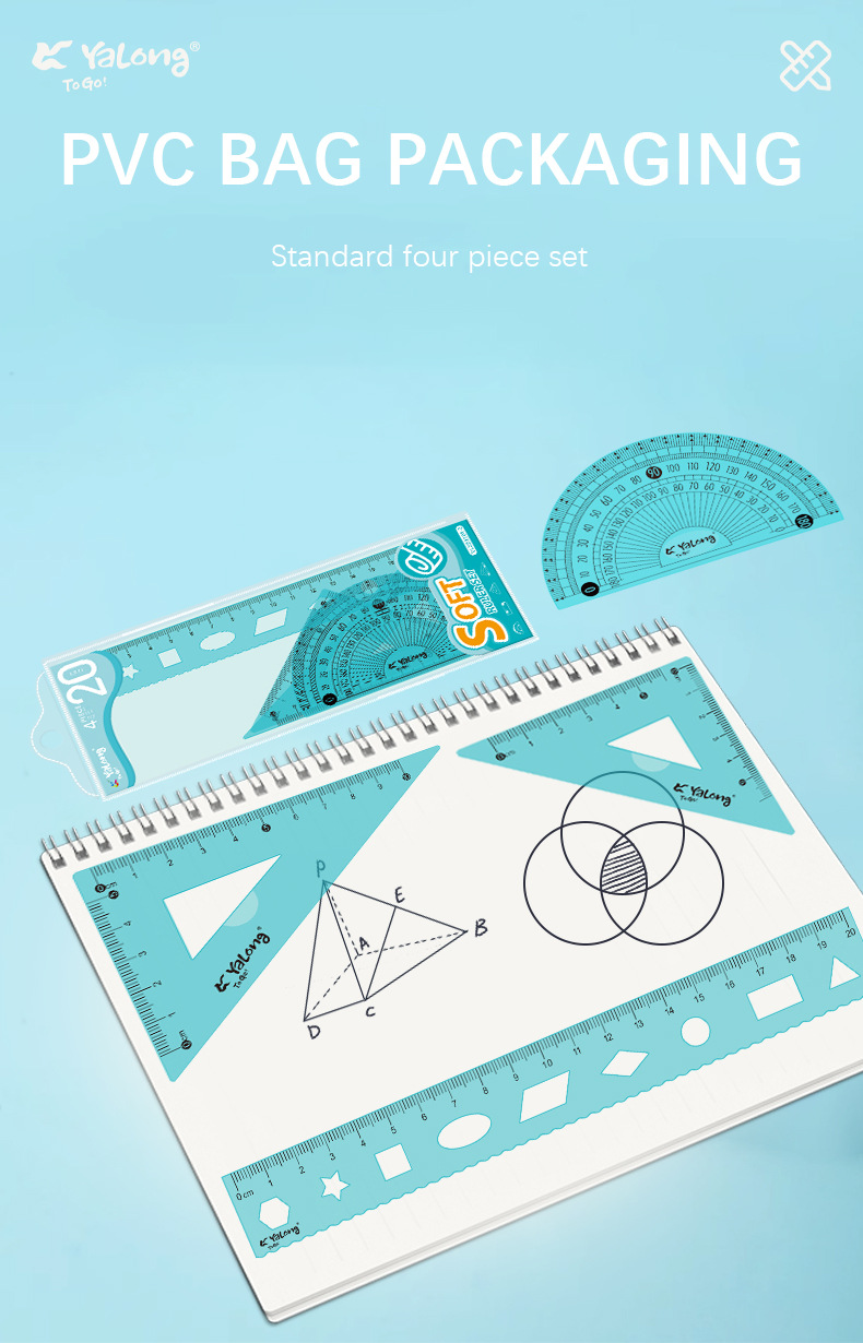 Yalong Cross-border Hardcover 20 cm Computer resin flexible Tape measure geometric set and Angle gauge set student school supplies pic 2