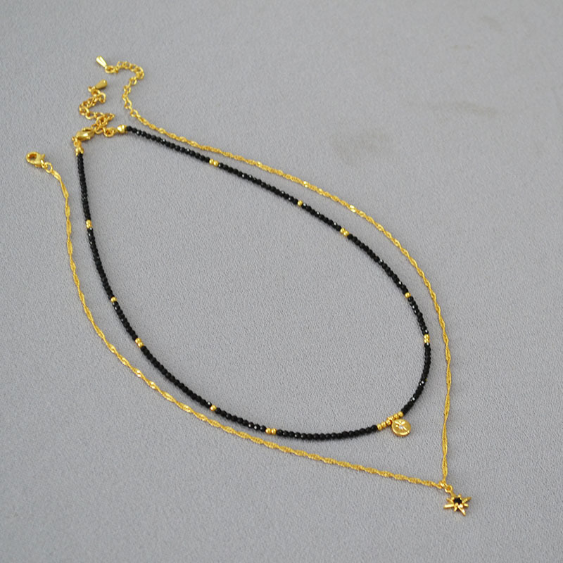 法式小众设计复古黑尖晶串珠星星吊坠双层链条叠戴简约气质项链女详情3