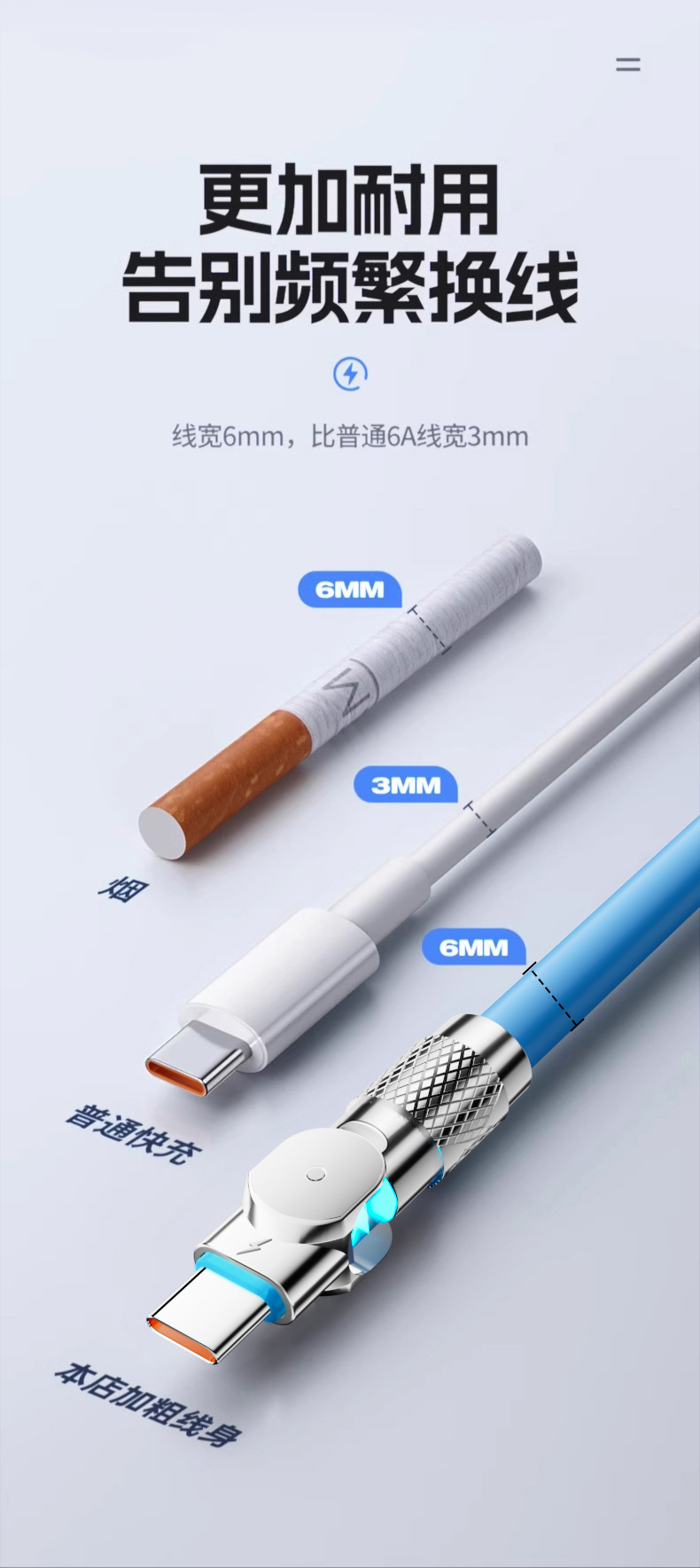 加粗旋转120W超级快充安卓Type-c数据线适用华为荣耀6A充电线跨境详情6