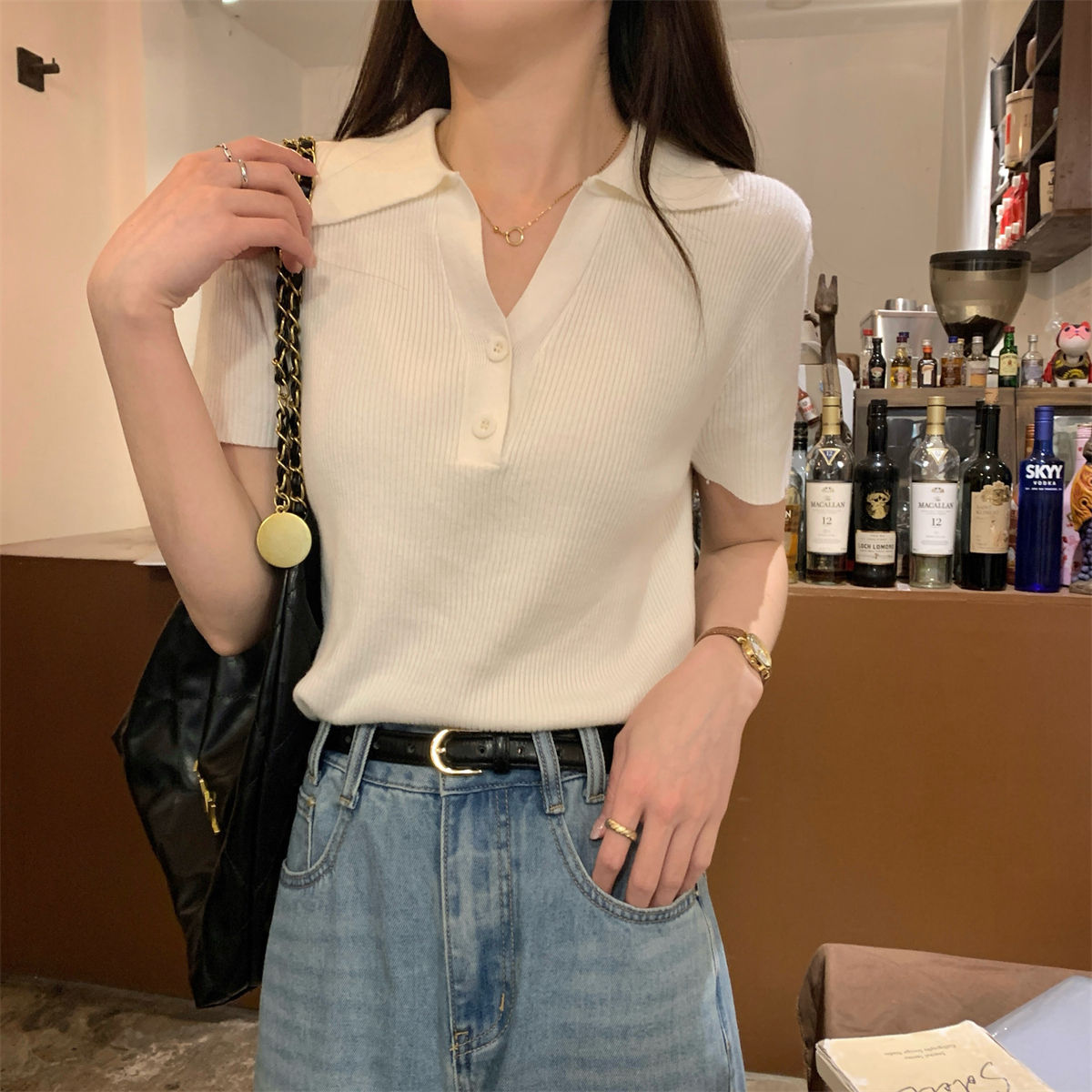 韩系坑条针织T恤夏季修身显瘦polo翻领正肩短袖女上衣气质打底衫详情9