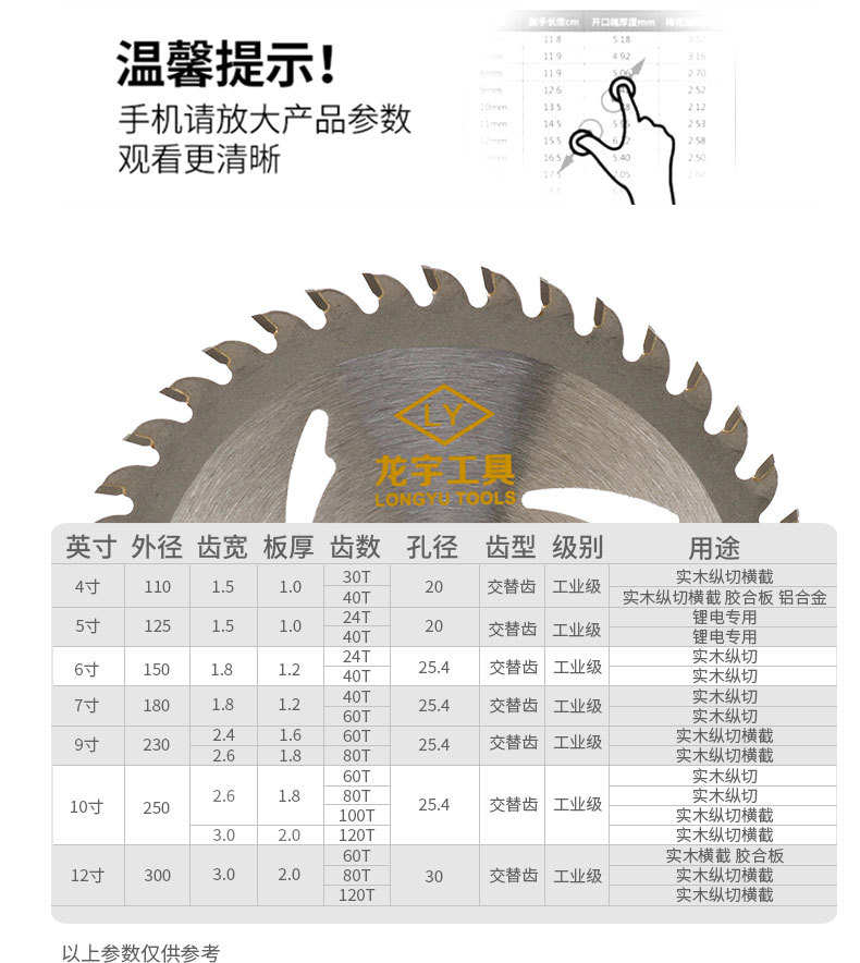 龙宇工业级木工锯片圆锯片4寸角磨机切割片手磨机合金齿7/8/10寸详情11