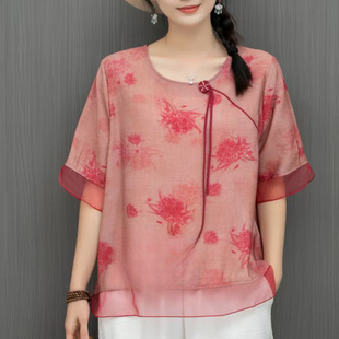 2025 Summer New Style artistic printed cotton and linen shirt, retro loose large size round-neck pullover, elegant T-shirt for women pic 14