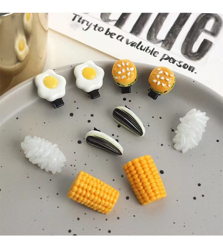 Super cute simulation food mini clips, strange hair clips, funny food, rice, poached eggs, corn and melon seed clips pic 9