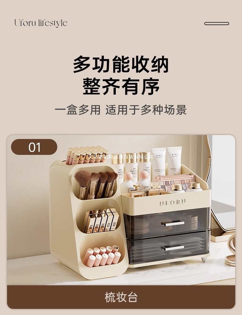桌面化妆品收纳盒梳妆台家用护肤品置物架高级整理盒防尘化妆箱详情7